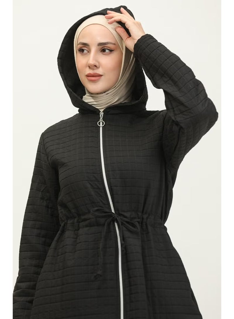 Sefa Merve Women's Hooded Drawstring Waist Cape - Black - Image 3